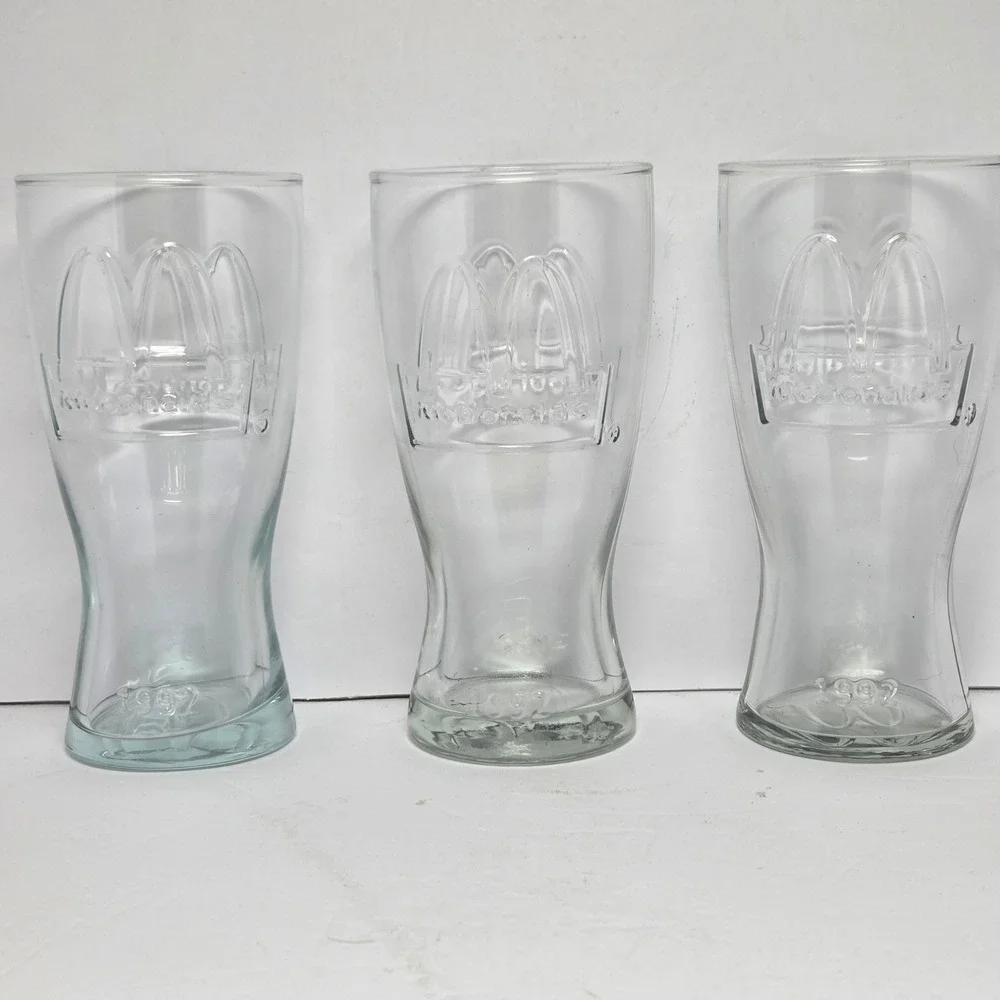 Vintage 1992 McDonalds Embossed Glass Tumblers Set of 3 Clear Golden Arches 6in